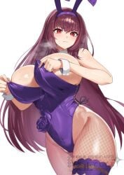 bunny_ears bunnysuit fate/grand_order massive_breasts scathach_(fate) sweat