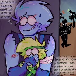 2boys blue blush bluuzick_(kevin) broz_boyz broz_boyz_go crotch dangerous green hidden hiding oc ocs original_character original_characters spanish_dialogue spanish_text text text_bubble touching_crotch touching_penis touching_thigh zlayway_(miles)