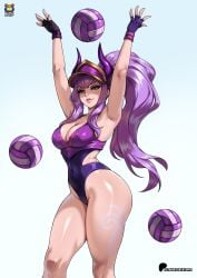 1girls 2026 big_breasts clothed_female clothing female female_only kyoffie league_of_legends looking_at_viewer pale-skinned_female pale_skin pink_eyes pool_party_series pool_party_syndra purple_hair riot_games syndra tagme thick_thighs volleyball watermark