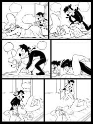 4_fingers anthro ass balls bed big_breasts big_butt bite biting_lip biting_own_lip blindfold blindfold_only bodily_fluids body_hair breast_grab breasts breath butt_grab canid canine canis comic cum cum_in_mouth cum_in_vagina cum_inside disney doggy_style domestic_dog drinking drinking_cum duo ear_piercing ear_ring ejaculation fellatio female fingers from_behind_position from_front_position furniture genital_fluids genitals goof_troop hairy_balls hand_on_breast hand_on_butt hi_res hoop_ear_ring hot_dogging kissing_while_penetrated kissing_while_penetrating looking_pleasured lying lying_on_bed male male/female mammal markkleanup mating_press max_goof monochrome motion_lines nude on_bed onomatopoeia oral oral_penetration peg_pete penetration penile piercing ring_piercing self_bite sex sleep_sex sleeping sleeping_nude smug_grin sound_effects speech_bubble text thick_thighs thought_bubble vaginal_penetration