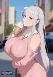 1girls ai_generated aiporndude big_breasts clothing cute eating emilia_(re:zero) looking_at_viewer outdoors pale-skinned_female posing re:zero_kara_hajimeru_isekai_seikatsu silver_hair