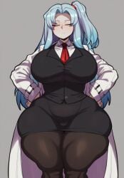 1girls ai ai_generated angela_(lobotomy_corporation) big_breasts black_stockings blue_hair breasts business_suit closed_eyes closed_mouth clothing emotionless female female_focus female_only fully_clothed fully_clothed_female hair hair_tie hand_on_hip hips light-skinned_female light_skin lobotomy_corporation long_hair looking_at_viewer pale_blue_hair project_moon robot simple_background solo solo_female stockings suit suit_and_tie tagme thick_thighs thighs tie vyakarana27 wide_hips