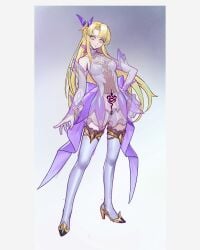 absurdres blonde_hair boots breasts commentary_request corruption elbow_gloves female full_body gloves hand_on_own_hip high_heels highres long_hair magical_girl medium_breasts nipples original pubic_tattoo see-through_clothes shen_hai_ichigo slit_pupils solo standing tattoo thigh_boots variant_set white_gloves wide-eyed yellow_eyes