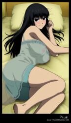 1girl, 4k 8k ai_generated anatomy, anime armpits beautiful bed, bent big_breasts black blushing, body, clean colors, content, detailed dress, explicit expressive eyes, face, female, flat gradient hair, happy heel, high highlights, knees, legs, lineart, long lying masterpiece, mature messy minimal muted night nsfw, on osaragi_(sakamoto_days) pedicure, perfect pose, pubic quality quality, resolution, sakamoto_days screenshot seductive see-through sensual, sexy shading, shadow, shape, side, simple skin soft solo, thighs, thin underwear, visible,