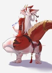 absurd_res anthro anus areola ass big_breasts breasts clothing dr_lang_li dragon female fur gaping gaping_anus genitals hair heart_symbol hi_res horn legwear mythological_creature mythological_scalie mythology nipples scalie simple_background smile solo tail thick_thighs vulva white_background white_body white_fur