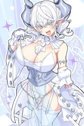 blush breasts crotch curvy dress duel_monster earrings female female_only fringe gloves hand_on_breast k_daiiti labrynth_of_the_silver_castle large_breasts light_skin lovely_labrynth_of_the_silver_castle necklace open_mouth pointy_ears pose princess queen safe safe_for_work seductive seductive_smile skirt smile thighhighs thighs transparent_clothing twintails underwear white_dress yu-gi-oh!