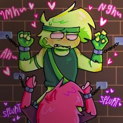 1boy1girl blowjob broz_boyz broz_boyz_go chained chained_together chained_wrists chains freckles green heart_symbol moan moaning moaning_in_pleasure pants_down pink pinkyroxxy_(pinky) sketch slurp zlayway_(miles)