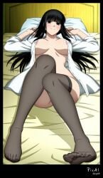 1girl, 4k 8k ai_generated anatomy, and anime any bangs, beautiful bed, belt, big black blunt blushing, body body, breasts, clean coiffed, colors, content, detailed discovered, explicit expressive eyes, face, feet feet, female, flat full garter gradient hair hair, happy her high highlights, highs legs, lineart, long loose, lying, manicures, masterpiece, mature medium minimal muted nails, nsfw, on open osaragi_(sakamoto_days) osaragi_(sakamoto_days), pedicures, perfect pose, position, quality quality, resolution, sakamoto_days screencap screenshot seductive see-through sexy shading, shadow, shape, shirt, short shoulders sidelocks, simple sleeves, soft solo, strong thighs thighs, thin tighs toe toes, underwear, up, very view, well with without