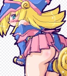 artist_request ass bare_shoulders blonde_hair blush dark_magician_girl female green_eyes looking_at_viewer lowres non-web_source pussy_juice simple_background solo source_request yu-gi-oh! yu-gi-oh!_duel_monsters
