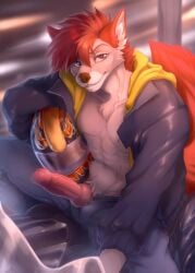 abs anthro armor biker biker_jacket canid canine canis clothing fur genitals grin grinning_at_viewer hair headgear helmet hi_res holding_armor holding_headgear holding_helmet holding_object hoodie jacket knot knotted_penis leather leather_clothing leather_jacket leather_topwear looking_at_viewer male mammal michael_thumpings_(darkflamewolf) motorcycle muscular navel organs penis red_body red_eyes red_fur red_hair shirtless shirtless_anthro shirtless_male sitting smile smiling_at_viewer smirk smirking_at_viewer solo stomach sunnyowi topwear twunk vehicle wolf