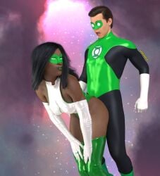 3d 3d_(artwork) black_hair black_skinned_female brown_hair dc dc_comics flying green_lantern green_lantern_(series) hal_jordan hero heroine knockkale oc ocxcanon original_character power_ring rubbing_ass_on_penis shocked_expression shocked_male smug_face smug_female space teacher_and_student white_skinned_male
