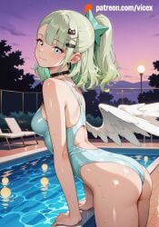 1girls 2026 ai_assisted ai_generated angels_of_delusion anime athletic_body beach breasts female green_hair looking_at_viewer mid_breasts night outdoors sea short_hair slim_body small_breasts smile solo_female sunna_(zenless_zone_zero) swimsuit thighs vicex water zenless_zone_zero