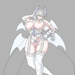 :3 areolae armored_dress armpits arms_up curvy demon demon_girl demon_horns demon_wings duel_monster erect_nipples exposed_breasts female gloves hand_on_ass huge_breasts konami labrynth_of_the_silver_castle laugh legwear lovely_labrynth_of_the_silver_castle low-angle_view mature_female nipples no_panties one_arm_up open_mouth pale-skinned_female pose princess pussy queen smile standing transparent_clothing twin_drills twintails uncensored voluptuous younger_female yu-gi-oh! yumhy
