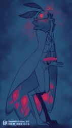 2026 antennae_(anatomy) anthro arthropod biped blue_theme bottomwear bottomwear_down clothed clothing digitigrade erection fluffy_antennae full-length_portrait genitals hi_res humanoid_genitalia humanoid_penis insects lepidopteran looking_at_viewer male monster_prom moss_mann moth neck_tuft one_eye_closed pants pants_down partially_clothed penis portrait presenting presenting_penis red_eyes red_penis shirt shush solo them_nasties topwear tuft vein veiny_penis vest wink winking_at_viewer