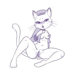 anthro blinx_the_time_sweeper blush breasts catherine_(blinx) clitoris clothing eyelashes feline female fur hat lonbluewolf looking_at_viewer mammal nipples open_mouth plain_background pussy solo sweat whiskers white_background