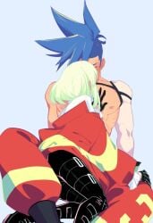 androgynous embarrassed femboy galo_thymos gay kukumomo lio_fotia making_out promare size_difference tight_clothing twink wholesome yaoi