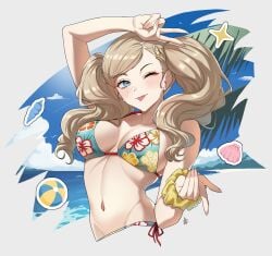 ;p ann_takamaki arm_up ball beach beachball bikini breasts commentary commission cropped_torso earrings english_commentary female floral_print floral_print_bikini hair_ornament hairclip highres jewelry large_breasts navel ocean one_eye_closed persona persona_5 print_bikini scrunchie shell solo stomach swimsuit takamaki_anne tongue tongue_out tree twintails upper_body v vgen_commission water wrist_scrunchie zedoraart