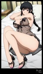 1girl, 4k 8k ai_generated anatomy, and anime beautiful bed, black blushing, body body, breasts breasts, clean coiffed, colors, content detailed dress, explicit expressive eyes, face, feet feet, female, flat full gradient hair hair, happy her high highlights, horny, lace legs, lineart, long loose, lying, manicures, masterpiece, mature minimal muted nails, night nsfw, on osaragi_(sakamoto_days) ovulating, pasties, pedicures, perfect pose, position, quality quality, resolution, sakamoto_days sandals, screenshot seductive see-through sexual sexy shading, shadow, shape, simple soft solo, strong tension, thighs thighs, thin toe toes, tongs up, v-cleavage, very view, well