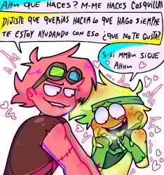 blush blushed_face breath breath_cloud broz_boyz broz_boyz_go cum gay green hackzack_(zack) handjob handjob_over_clothes heart_symbol hearts_around_head humanoid red semen text text_bubble trembling_for_pleasure yaoi zlayway_(miles)