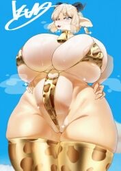 1girls anthro areola_slip big_thighs blonde_hair blue_eyes celinia_(cervina7) cow_print cow_print_thighhighs cowbell dragon ear_tag female female_only gigantic_breasts hands_on_hips hi_res horns huge_breasts hyper_breasts kua_yagi large_thighs looking_at_viewer nipple_bulge nipple_outline o-ring pussy pussy_floss skimpy skimpy_clothes smiling smiling_at_viewer solo thick_thighs thigh_squish thighhighs viewed_from_below wide_hips