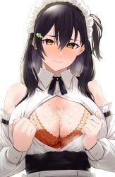 absurdres armpit_crease bare_shoulders black_hair black_ribbon blush bow bow_bra bra breasts buttons cleavage closed_mouth collared_shirt commentary_request cum cum_on_body cum_on_breasts detached_sleeves female frilled_sleeves frills hair_between_eyes hair_ornament hairclip hands_up heart heart_hair_ornament heavy_breathing highres large_breasts long_bangs long_hair long_sleeves looking_at_viewer maid maid_headdress mole mole_on_breast mole_under_eye neck_ribbon one_side_up opened_by_self orange_bow orange_bra original partially_unbuttoned ribbon shirt shirt_tucked_in simple_background sleeveless sleeveless_shirt solo steaming_body sweat totoki86 underwear upper_body wavy_mouth white_background white_shirt yellow_eyes