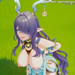 ai_generated antlers blue_eyes breasts female female_only inoriai lauma lauma_(genshin_impact) nipples purple_hair