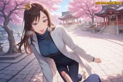 1boy 1girl ai_generated all_fours architecture blue_pants blue_shirt blue_sweater breasts breath brown_eyes brown_hair cherry_blossoms coat crown day denim east_asian_architecture erection eyeshadow heavy_breathing hetero high_heels ieiri_shoko jeans jujutsu_kaisen lab_coat large_breasts long_hair long_sleeves looking_at_viewer mini_crown mole mole_under_eye nivora open_clothes open_coat outdoors pants penis petals pov pov_crotch rope rope_belt shide shimenawa shirt shoko_ieiri shrine smile solo solo_focus stairs standing sunlight sweater thigh_strap tilted_headwear tongue tongue_out tree turtleneck turtleneck_sweater uncensored white_coat