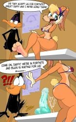 bikini daffy_duck dildo dildo_reveal english_dialogue furry iquestx_commissions lola_bunny looney_tunes male/female phone_call pussy_juice pussy_juice_trail raccoonmugen tune_squad_outfit_(1996)