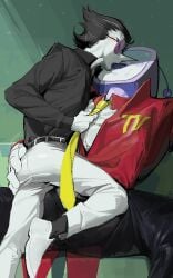 ass_grab boner clothing kissing spamton_g_spamton tenna_(deltarune) tie_pull tongue_kiss