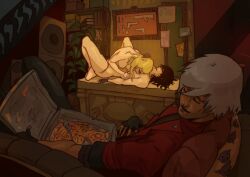 2girls black_hair blonde_hair devil_may_cry lady_(devil_may_cry) trish_(devil_may_cry)