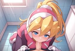 ai_generated bathroom blonde_hair blowjob blue_eyes ciel ciel_(mega_man) cute cute_girl female girl medium_breasts mega_man_x_dive mega_man_zero penis penis_in_mouth pink_skirt pink_vest pov sex sexy sexy_pose skirt vest