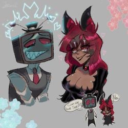 alastor_(hazbin_hotel) big_breasts blush deer_girl electricity gray_background hazbin_hotel looking_down nervous nervous_smile request rule_63 shiny_skin thecykox29! tv_head vox_(hazbin_hotel)