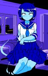 1girls 2d blue_body blue_skin blush breasts clothed female female_only game_cg ghost ghost_girl ghost_tail jermaneels pixel_art sailor_uniform school_uniform short_hair skirt small_breasts spirit_(jermaneels) strip_rock-paper-scissors_-_ghost_edition