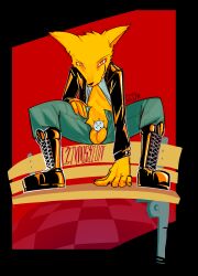 anthro ball_squish balls bbgg_(artist) bench boots canid canine chastity_cage chastity_device clothed clothing clothing_lift footwear fox genitals gregg_lee hi_res leather leather_clothing male mammal night_in_the_woods no_underwear presenting public public_exposure shirt shirt_lift shoes smug solo squish topwear
