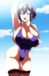 1girls blue_eyes breasts bush copyright_request hips huge_breasts large_breasts open_mouth pubic_hair purple_hair screencap sideboob stitched swimsuit thick_thighs thighhighs thighs wet_pussy wide_hips