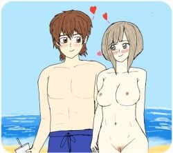 1boy 1boy1girl 1girls alternate_version_available bangs beach blush breasts brown_eyes brown_hair casual casual_nudity clothed clothed_male clothed_male_nude_female completely_naked completely_naked_female completely_nude completely_nude_female couple drink etra-chan_saw! female fit fit_female happy heart holding holding_drink holding_hands holding_object katsura_(etra-chan_saw!) light_brown_eyes light_brown_hair looking_at_another male married_couple muscular muscular_male naked naked_female nipples nude nude_edit nude_female nude_filter pubic_hair pussy ring smile smiling swimming_trunks swimsuit swimwear tsutsuji_(etra-chan_saw!) vagina water wholesome wholesome_nudity