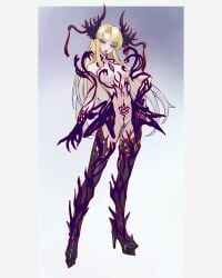 absurdres blonde_hair boots breasts commentary_request corruption darkness female full_body gradient_hair hand_on_own_hip high_heels highres horns long_hair magical_girl medium_breasts multicolored_hair nipples original platform_boots pubic_tattoo shen_hai_ichigo slit_pupils snake solo standing tattoo thigh_boots tongue tongue_out variant_set white_hair yellow_eyes