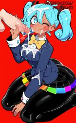 1girls absurd_res ai_generated black_leggings black_skirt blazer blue_eyes blue_hair blush_stickers bowtie breasts clothed clothed_female cum cum_in_hair cum_on_breasts cum_on_clothes cum_on_face facial falsegate flavor_foley handjob hatsune_miku hatsune_miku_(static) highres kneeling large_breasts medium_hair mv_character on_knees one_eye_closed paid_reward_available patreon patreon_username penis penis_in_hand pleated_skirt self_upload skirt smile stable_diffusion static_(flavor_foley) tan_skin thick_thighs thighs twintails wide_hips yellow_bowtie