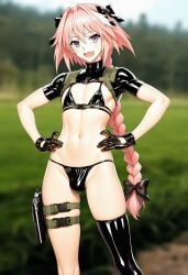 1boy ai_generated astolfo_(fate) fate/grand_order fate_(series) femboy femenine_male latex latex_bikini latex_clothing light-skinned_male male male_only penis prussia123 sexy_clothing solo tactical_gear