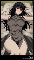 1girl, 4k 8k ai_generated anatomy, anime armpits beautiful bed, bent black blushing, body, clean colors, content, detailed dress, explicit expressive eyes, face, female, flat gradient hair, happy heel, high highlights, knees, legs, lineart, long lying masterpiece, mature messy minimal muted night nsfw, on osaragi_(sakamoto_days) pedicure, perfect pose, pubic quality quality, resolution, sakamoto_days screenshot seductive see-through sensual, sexy shading, shadow, shape, side, simple skin soft solo, thighs, thin thong underwear, visible,