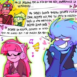 blue blush bluuzick_(kevin) broz_boyz broz_boyz_go green hackzack_(zack) headphones oc ocs original_character original_characters pink pinkyroxxy_(pinky) red spanish_dialogue spanish_text text text_bubble zlayway_(miles)