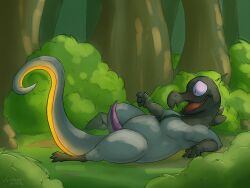 4_fingers after_transformation black_body black_scales feral fingers generation_7_pokemon genitals glowing glowing_body glowing_scales grey_body grey_scales implied_transformation lizard looking_at_genitalia looking_at_penis looking_at_self lying male nintendo on_back open_mouth orange_body orange_scales outside penis plant pokemon pokemon_(species) pokemon_mystery_dungeon purple_eyes reptile salandit scales scalie shocked shrub solo spike_chunsoft tapering_penis tongue tree verdantotter