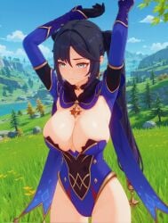 1girl 3d ai_generated arms_above_head arms_up bare_legs blue_sky blush breast_slip cleavage clouds day dynamic_expression embarrassed exposed_breast female female_only game_style genshin_impact gloves grass horizon huge_breasts in-game_style landscape large_breasts leotard medium_gloves mona_(genshin_impact) mona_megistus mountains outdoors runu_sera sideboob solo standing thighs trees