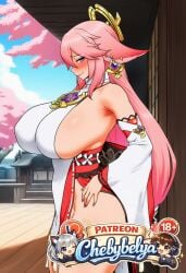 1girl absurdres ai_assisted ai_generated anime anime_style attractive bare_shoulders beautiful beautiful_eyes beautiful_lighting best_quality blush breasts chebybelya cinematic_lighting curvy cute deep_skin detached_sleeves detailed detailed_face detailed_skin digital_art fox_ears genshin_impact high_quality high_resolution highres huge_breasts japanese_clothes long_hair looking_at_viewer masterpiece patreon patreon_username perfect_body pink_hair purple_eyes sexy sharp_focus sideboob signature slim_waist smile soft_lighting soft_shading solo stylized thick_thighs toned very_aesthetic vibrant_colors watermark wide_hips yae_miko