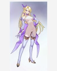 absurdres blonde_hair boots breasts commentary_request elbow_gloves female full_body gloves hand_on_own_hip high_heels highres long_hair looking_at_viewer magical_girl medium_breasts nipples original purple_eyes shen_hai_ichigo snake solo standing thigh_boots variant_set white_gloves