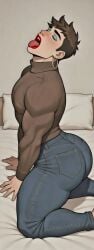 1boy 1femboy ai_assisted ai_generated ass big_ass big_butt brown_hair closed_eyes crossdressing earrings gay grok jeans kneeling kneeling_on_bed male male_only masculine_crossdresser muscles muscular_femboy oc open_mouth original original_character red_lipstick short_hair solo submissive submissive_male sweater teal_eyeshadow tongue_out turtleneck_sweater