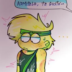 1boy bite_mark bite_mark_on_neck bite_marks blush broz_boyz broz_boyz_go cum cum_drip cum_on_body cum_on_face doodle freckles green oc ocs original_character original_characters semen semen_on_body spanish_text text text_bubble trembling trembling_lines zlayway_(miles)