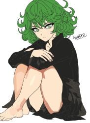 anime_girl black_long_sleeve_dress emerald_eyes esper green_wavy_hair hand_over_knees introspective_mood knees_drawn_up manga_character one_punch_man psychic_powers sitting_pose tatsumaki terrible_tornado