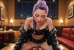 1boy ai_generated artist_name bar_(place) bare_shoulders black_jacket bottle braid breasts cleavage closed_eyes clothed_sex clothes_lift clothing_aside couch cowgirl_position cup drinking_glass eugenericai female hair_over_shoulder indoors jacket k/da_(league_of_legends) kpop_demon_hunters leather leather_jacket long_hair medium_breasts midriff miniskirt navel netflix night off_shoulder open_clothes open_mouth panties panties_aside pencil_skirt penis pov purple_hair pussy rumi_(kpop_demon_hunters) sex single_braid skirt skirt_lift small_breasts solo_focus sony_pictures_animation spread_legs straddling straight strapless table tube_top uncensored underwear vaginal_penetration white_panties window zipper