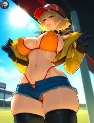 1girls ai_generated bare_thighs big_breasts blonde_hair blush bra cindy_aurum clothed clothing color female female_focus female_only final_fantasy final_fantasy_xv hat hi_res jacket jean_shorts large_breasts light-skinned_female light_skin nipple_bulge panties ramwam short_hair solo solo_female stockings thick_thighs underwear